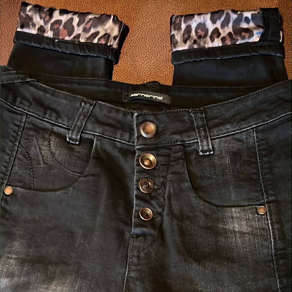 Fornarina Black Button Fly Jeans with Leopard Cuff